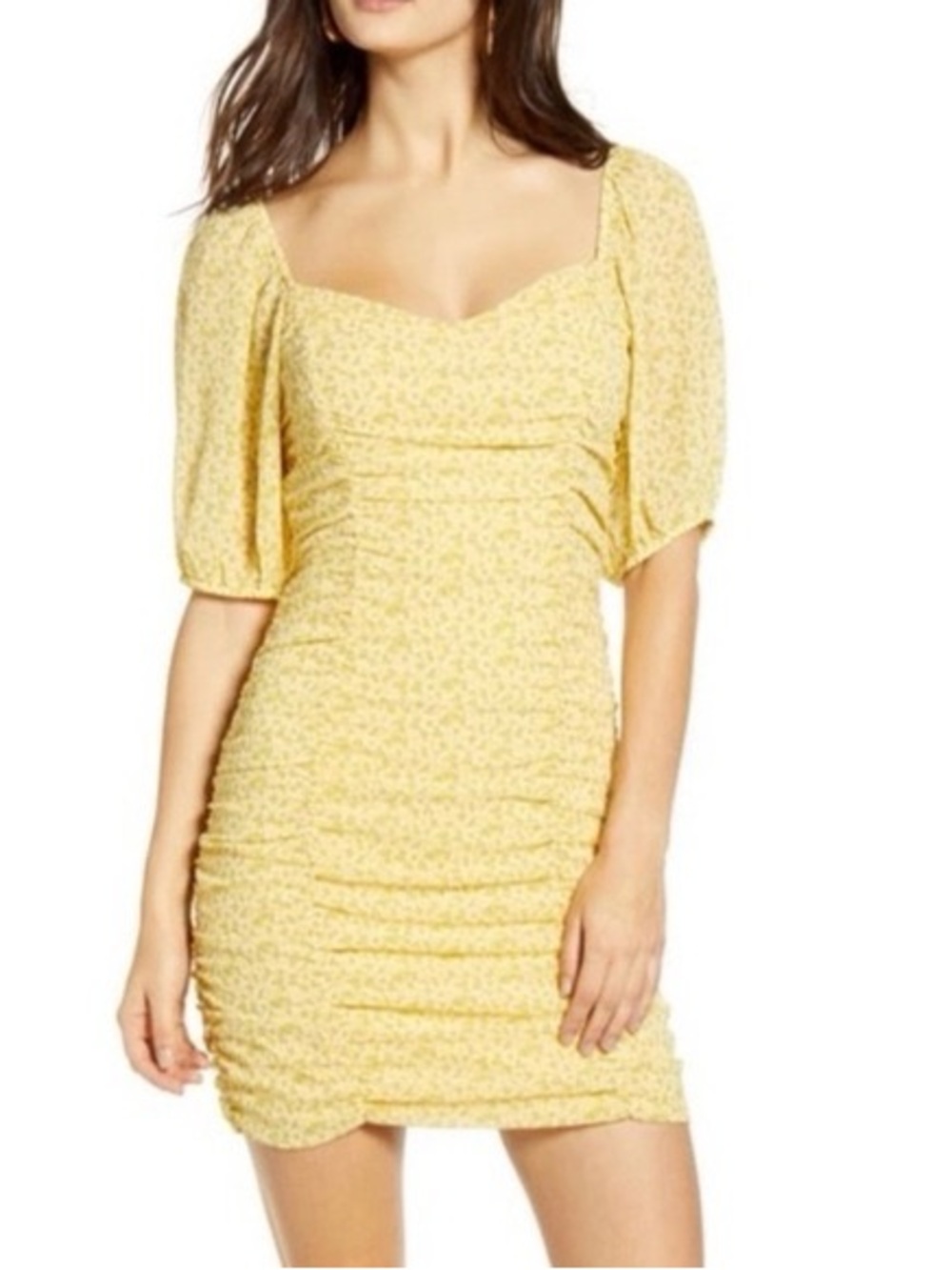 All in Favor Yellow Floral Ruched Square-Neck Mini Dress
